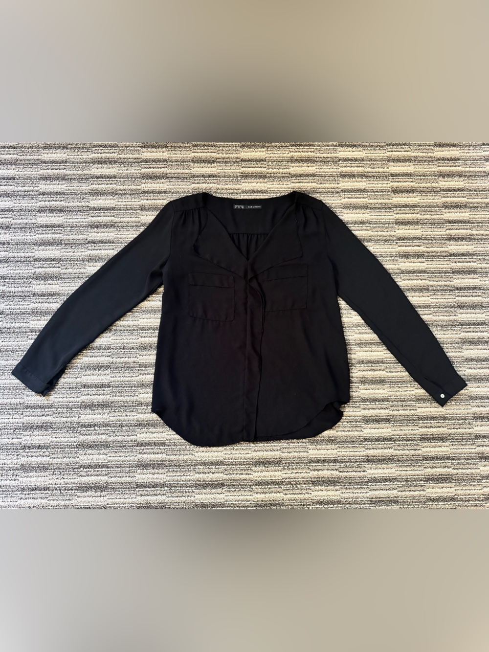 Zara Black Long Sleeve V-Neck Pocket Blouse